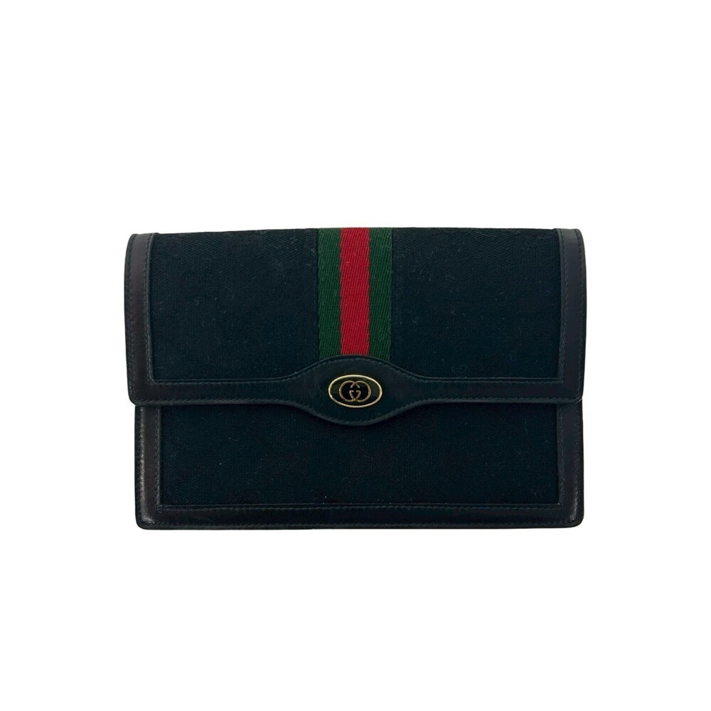 GUCCI Vintage GG Logo Hardware Sherry Line Canvas Leather Pouch Black 79409